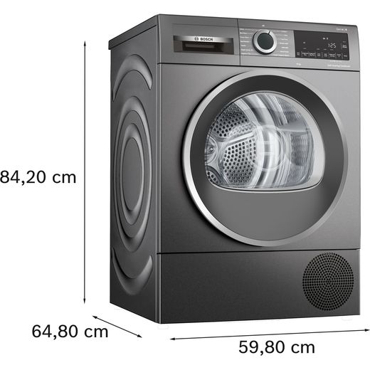 Bosch Series 6 WQG245R2GB 9Kg Heat Pump Tumble Dryer - Graphite - Annotation - dimension shot